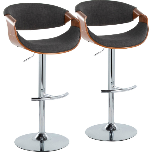 Curvo Adjustable Swivel Bar Stool in Chrome, Walnut Wood & Charcoal Fabric (Set of 2)